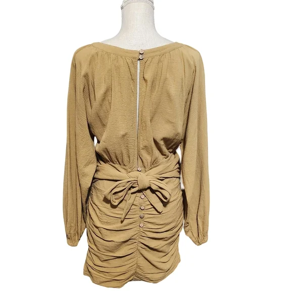 FREE PEOPLE The Only One Mini Dress Womens Small Tan Long Sleeve Ruched Tie Boho - Picture 6 of 16
